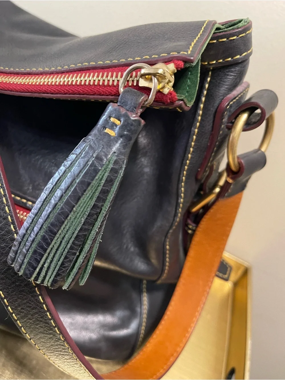 Dooney & Bourke Dark Brown Leather Hobo with Red Zip and Tan Strap